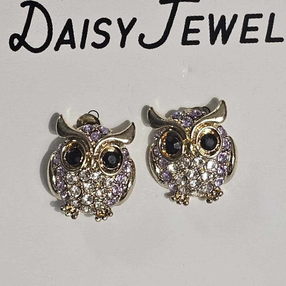 Lilac Crystal Owl Stud Women Earrings Daisy Jewel New (clear & purple)